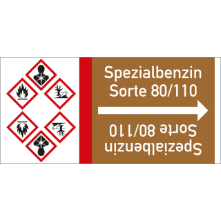 Rohrleitungsband: Spezialbenzin Sorte 80/110, mit drei Gefahrensymbolen, DIN 2403, für Rohre ab Ø 15 mm, Folie selbstklebend, 33 m/Rolle