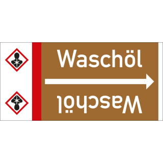 Rohrleitungsband: Waschöl, mit Gefahrensymbol, DIN 2403, für Rohre ab Ø 15 mm, Folie selbstklebend, 33 m/Rolle