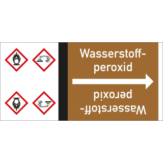 Rohrleitungsband: Wasserstoffperoxid, mit zwei Gefahrensymbolen, DIN 2403, für Rohre ab Ø 15 mm, Folie selbstklebend, 33 m/Rolle
