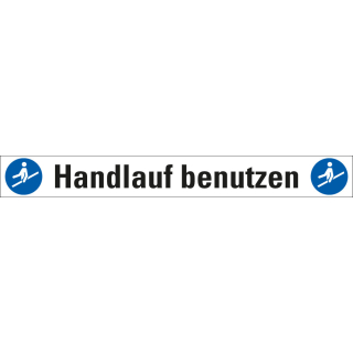 Treppenmarkierung: Handlauf benutzen (Piktos M012), ASR A1.3, DIN EN ISO, R10, Bodenmarkierungsfolie selbstklebend, 1000 mm x 120 mm, 1 Stück