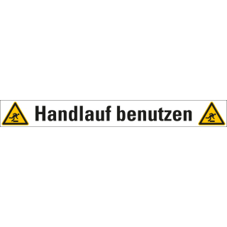 Treppenmarkierung: Handlauf benutzen (Piktos W007), ASR A1.3, DIN EN ISO, R10, Bodenmarkierungsfolie selbstklebend, 1000 mm x 120 mm, 1 Stück