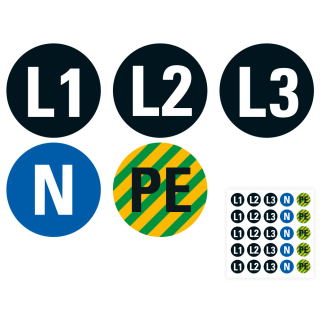 Produkt Hauptbild von Sortimentsbogen: Leiterkennzeichen je 5 x L1, L2, L3, N und PE, Folie selbstklebend, Ø 12,5 mm oder 16 mm