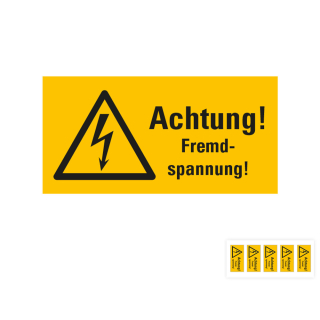 Produkt Hauptbild von Warnschild: Achtung! Fremdspannung!, Blitzpfeil, RoHS konform, ASR/ISO, Folie selbstklebend, versch. Größen und Lieferformen