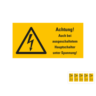 Produkt Hauptbild von Warnschild: Achtung! Auch bei ausgeschaltetem Hauptschalter unter Spannung, Blitzpfeil, RoHS konform, Folie oder Kunststoff, versch. Größen und Lieferformen