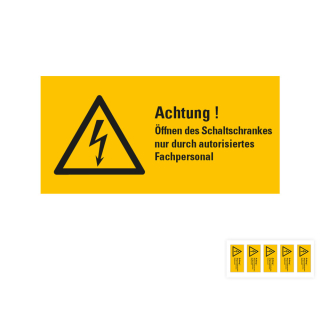 Produkt Hauptbild von Warnschild: Achtung! Öffnen des Schaltschrankes nur durch autorisiertes Fachpersonal, Blitzpfeil, RoHS konform, Folie selbstklebend, zwei Größen, versch. Lieferformen