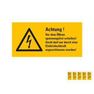 Produkt Hauptbild von Warnschild: Achtung! Vor dem Öffnen spannungsfrei schalten, Blitzpfeil, RoHS konform, Folie selbstklebend, zwei Größen, versch. Lieferformen