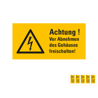 Produkt Hauptbild von Warnschild: Achtung! Vor Abnehmen des Gehäuses freischalten, Blitzpfeil, Folie selbstklebend, zwei Größen, versch. Lieferformen