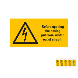 Produkt Hauptbild von Warnschild: Before opening the casing put main switch out of circuit!, Blitzpfeil, Folie selbstklebend, versch. Größen und Lieferformen