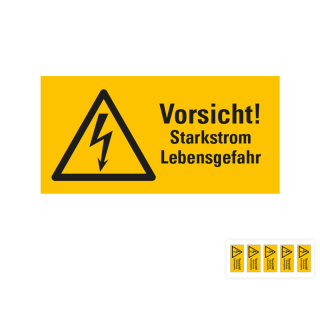 Produkt Hauptbild von Warnschild: Vorsicht! Starkstrom Lebensgefahr, Blitzpfeil, RoHS konform, ASR/ISO, Folie selbstklebend, versch. Größen und Lieferformen
