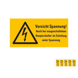 Produkt Hauptbild von Warnschild: Vorsicht Spannung! Auch bei ausgeschaltetem Hauptschalter ist Zuleitung unter Spannung, Blitzpfeil, RoHS konform, Folie selbstklebend, versch. Größen und Lieferformen