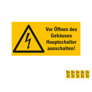Produkt Hauptbild von Warnschild: Vor Öffnen des Gehäuses Hauptschalter ausschalten, Blitzpfeil, Folie selbstklebend, versch. Größen und Lieferformen
