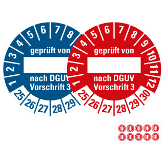Produkt Hauptbild von Prüfplakette geprüft von ... nach DGUV Vorschrift 3, Beschriftungsfeld, 25 - 30, rot oder blau, Folie selbstklebend, Ø 30 mm