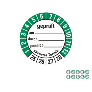 Produkt Hauptbild von Prüfplakette geprüft am... durch... gemäß §... nächster Termin, 25 - 28, weiß-grün, Folie selbstklebend, Ø 30 oder 40 mm