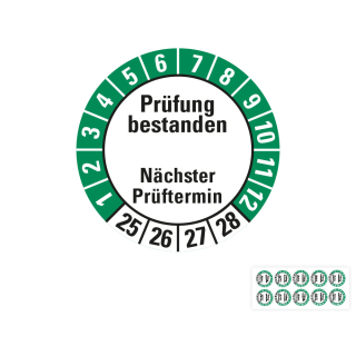 Produkt Hauptbild von Prüfplakette Prüfung bestanden Nächster Prüftermin, 25 - 28, weiß-grün, Folie selbstklebend, Ø 20 oder 30 mm