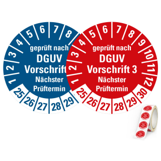 Produkt Hauptbild von Prüfplakette geprüft nach DGUV Vorschrift 3 Nächster Prüftermin, 25 - 30, verschiedene Materialien, rot oder blau