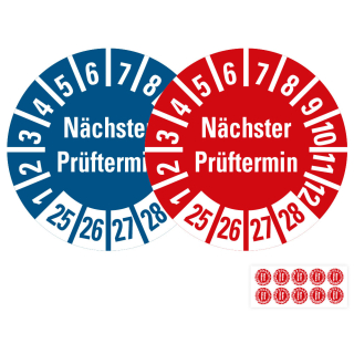 Produkt Hauptbild von Prüfplakette Nächster Prüftermin, 25 - 28, rot oder blau, Folie selbstklebend, Ø 8 oder 10 mm