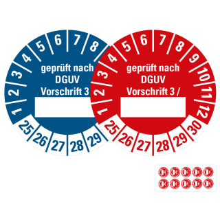 Produkt Hauptbild von Prüfplakette geprüft nach DGUV Vorschrift 3 /..., Beschriftungsfeld, 25 - 30, rot oder blau, Folie selbstklebend, Ø 30 mm