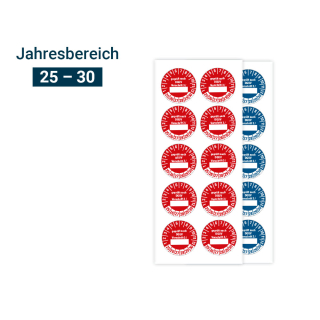 Produkt Hauptbild von Prüfplakette geprüft nach DGUV Vorschrift 3 /..., Beschriftungsfeld, 25 - 30, rot oder blau, Folie selbstklebend, Ø 30 mm