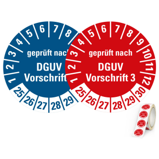 Produkt Hauptbild von Prüfplakette geprüft nach DGUV Vorschrift 3, 25 - 30, rot oder blau, verschiedene Folien, Ø 20 oder 30 mm