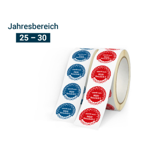 Produkt Hauptbild von Prüfplakette geprüft nach DGUV Vorschrift 3, 25 - 30, rot oder blau, verschiedene Folien, Ø 20 oder 30 mm
