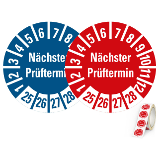 Produkt Hauptbild von Prüfplakette Nächster Prüftermin, 25 - 28, rot oder blau, Standardfolie, Ø 10 mm