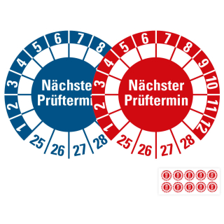 Produkt Hauptbild von Prüfplakette Nächster Prüftermin, 25 - 28, rot oder blau, Freifelder, Folie selbstklebend, Ø 30 mm