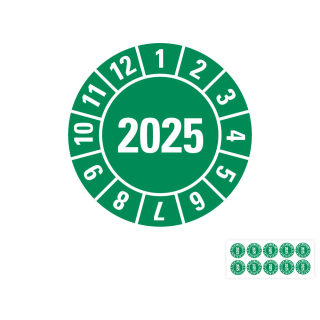 Produkt Hauptbild von Jahresprüfplakette 2025, grün, verschiedene Materialien, Ø 10, 15, 20, 30 mm