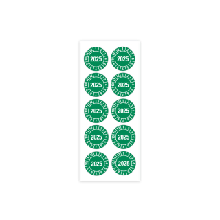 Produkt Hauptbild von Jahresprüfplakette 2025, grün, verschiedene Materialien, Ø 10, 15, 20, 30 mm