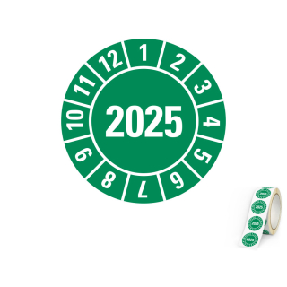 Produkt Hauptbild von Jahresprüfplakette 2025, grün, verschiedene Materialien, Ø 10, 15, 20, 30 mm