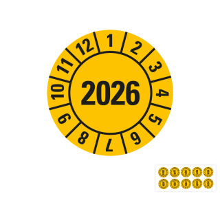 Produkt Hauptbild von Jahresprüfplakette 2026, gelb, verschiedene Materialien, Ø 10, 15, 20, 30 mm