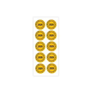 Produkt Hauptbild von Jahresprüfplakette 2026, gelb, verschiedene Materialien, Ø 10, 15, 20, 30 mm
