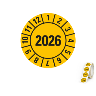 Produkt Hauptbild von Jahresprüfplakette 2026, gelb, verschiedene Materialien, Ø 10, 15, 20, 30 mm