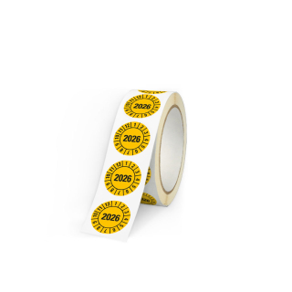 Produkt Hauptbild von Jahresprüfplakette 2026, gelb, verschiedene Materialien, Ø 10, 15, 20, 30 mm