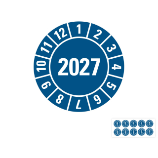 Produkt Hauptbild von Jahresprüfplakette 2027, blau, verschiedene Materialien, Ø 10, 15, 20, 30 mm, 10 Bogen oder Heft