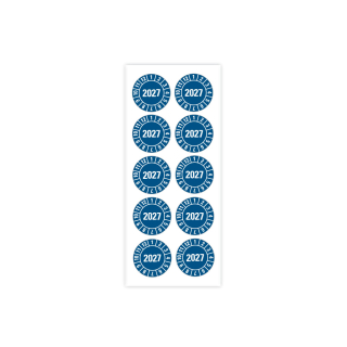Produkt Hauptbild von Jahresprüfplakette 2027, blau, verschiedene Materialien, Ø 10, 15, 20, 30 mm, 10 Bogen oder Heft