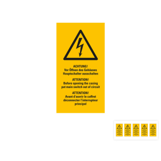 Produkt Hauptbild von Kombi-Warnschild: ACHTUNG! Vor Öffnen des Gehäuses Hauptschalter ausschalten, 3 sprachig, Blitzpfeil, RoHS konform, Folie selbstklebend, versch. Größen und Lieferformen