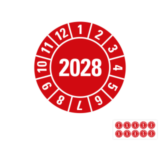 Produkt Hauptbild von Jahresprüfplakette 2028, rot, Folie selbstklebend, Ø 10, 15, 20, 30 mm