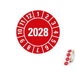 Produkt Hauptbild von Jahresprüfplakette 2028, rot, Folie selbstklebend, Ø 10, 15, 20, 30 mm