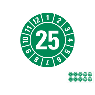 Produkt Hauptbild von Jahresprüfplakette 25, grün, verschiedene Materialien, Ø 8, 15, 30 mm, Bogen