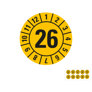 Produkt Hauptbild von Jahresprüfplakette 26, gelb, verschiedene Materialien, Ø 8, 15, 30 mm
