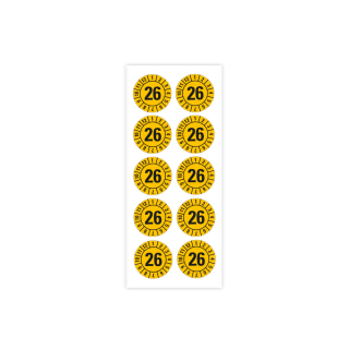 Produkt Hauptbild von Jahresprüfplakette 26, gelb, verschiedene Materialien, Ø 8, 15, 30 mm