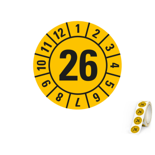 Produkt Hauptbild von Jahresprüfplakette 26, gelb, Folie selbstklebend, Ø 10, 20, 30 mm