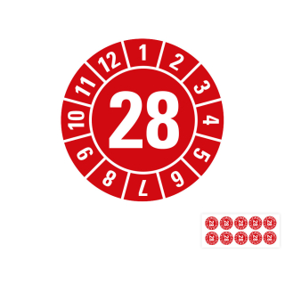 Produkt Hauptbild von Jahresprüfplakette 28, rot, Folie selbstklebend, Ø 8, 15, 30 mm