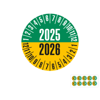 Produkt Hauptbild von Prüfplakette 2025/2026, grün-gelb, Folie selbstklebend, Ø 20 oder 30 mm