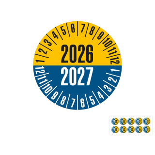 Produkt Hauptbild von Prüfplakette 2026/2027, gelb-blau, Folie selbstklebend, Ø 20 oder 30 mm