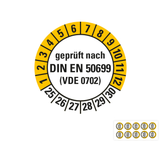 Produkt Hauptbild von Prüfplakette geprüft nach DIN EN 50699 (VDE 0702), weiß-gelb, Standardfolie, versch. Jahreszahlen