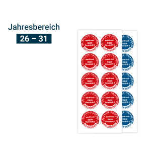 Produkt Hauptbild von Prüfplakette geprüft nach DGUV Vorschrift 3, 26 - 31, rot oder blau, Ø 20 oder 30 mm