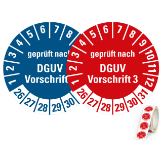 Produkt Hauptbild von Prüfplakette geprüft nach DGUV Vorschrift 3, 26 - 31, rot oder blau, Folie, Ø 20 oder 30 mm oder Spender
