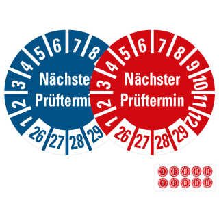 Produkt Hauptbild von Prüfplakette Nächster Prüftermin, 26 - 29, rot oder blau, Folie selbstklebend, Ø 8 oder 10 mm