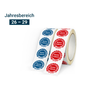Produkt Hauptbild von Prüfplakette Nächster Prüftermin, 26 - 29, rot oder blau, Standardfolie, Ø 10 mm